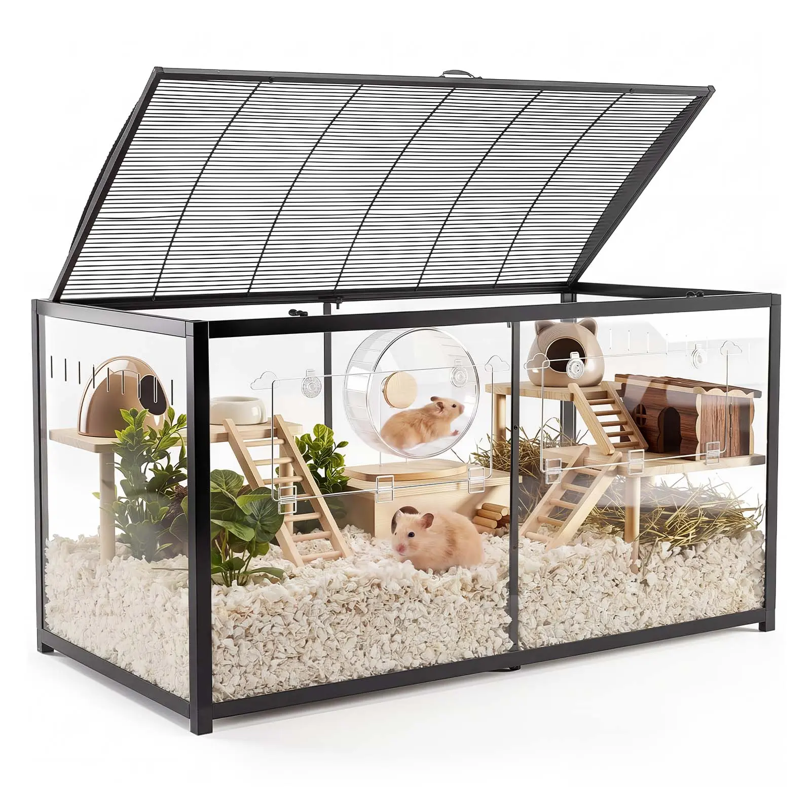 VEVOR Hamster Cage 47.2"x23.6"x25.4" 360° Viewing Metal Hamster Habitat, Transparent Small Animal Cage with Top Access & Front Door, Large Portable Pet House for Guinea Pig, Gerbil (7.7 ft², Black)
