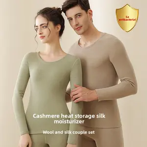 Silk Wool Thermal Underwear Men's & Women's Set German Velvet Crew Neck Minimalist OL Style Beige Plain Fabric Menswear