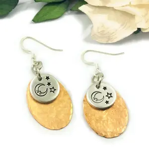 Boho Copper Oval Moon And Stars Earrings, Celestial, handmade, hand-stamped, gift for mom, festival