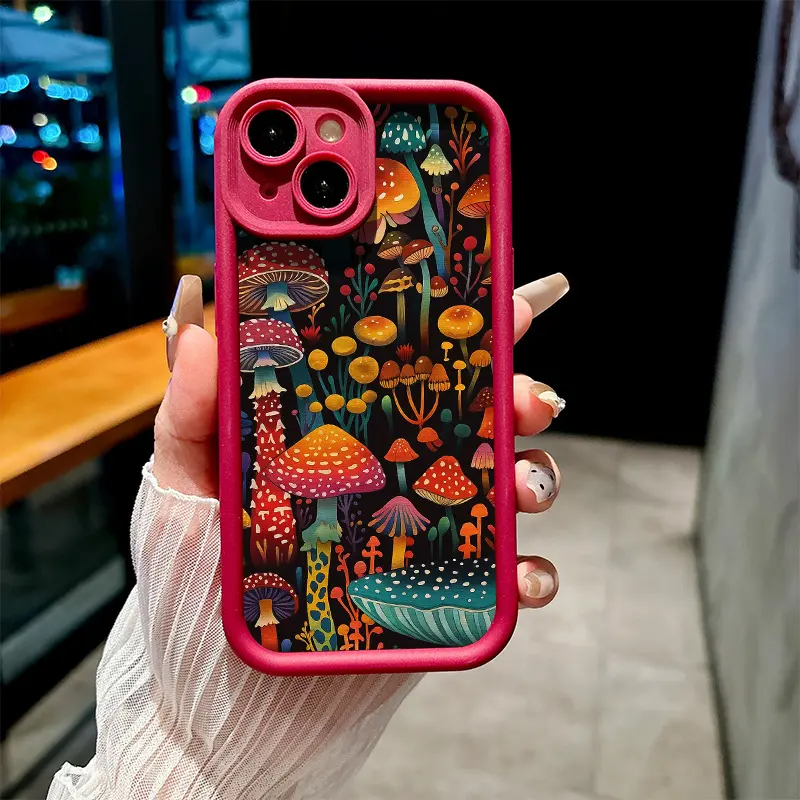 Silicone Non-Slip Drop-Resistant Phone Case with Fantasy Spotted Mushroom Forest 2D Print, Shockproof Rugged Straight Edge Casing, Mobile Phone Accessories Gift for iPhone 17 Pro Max,16,16e,15,14 Plus,13,12 Mini,11,Air,X,XS