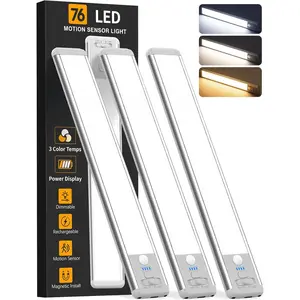 Under Cabinet Lighting Wireless, Rechargeable 10inch Motion Sensor Light Indoor, 3 Color Closet Light Battery Operated with LED Power Display, Magnetic Under Counter Lights for Kitchen, Home (3Pack)