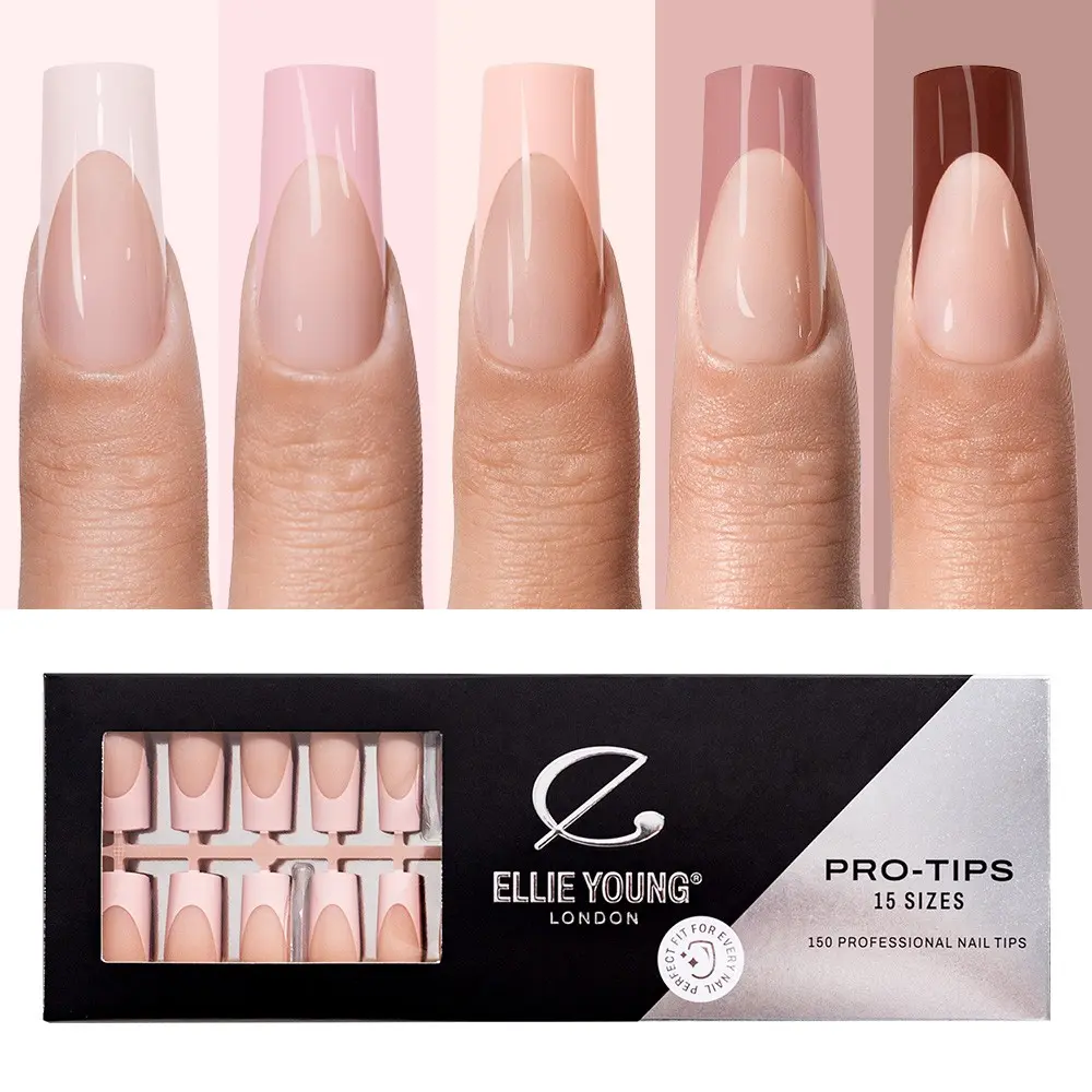 ELLIE YOUNG PRO-TIPS Long Square Mocha Nude French Tips, 150pc Press-On Nails Kit – 15 Sizes, Matte Gel Acrylic Look, Soft Gel DIY Extensions