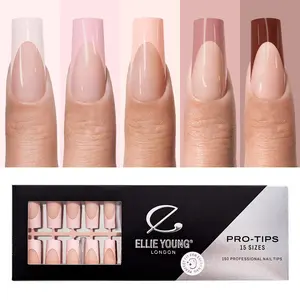 ELLIE YOUNG PRO-TIPS Long Square Mocha Nude French Tips, 150pc Press-On Nails Kit – 15 Sizes, Matte Gel Acrylic Look, Soft Gel DIY Extensions