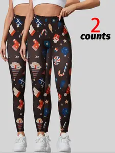 Women's Christmas Themed Print High Waist Sports Leggings, Sporty Comfy Breathable Skinny Pants for Yoga Gym Workout, Ladies Sportswear for All Seasons