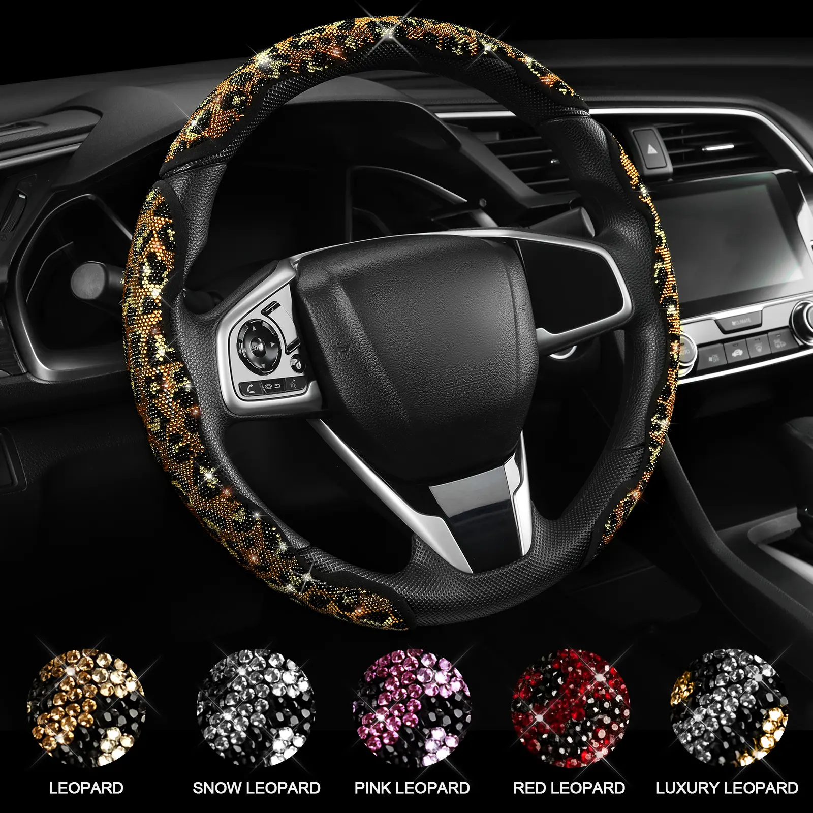 Queen's Land Leopard Universal Steering Wheel Cover with Crystal Rhinestones Diamond Bling Car Cheetah Decor Gift for Girls Women Pink Red Black Leopard Car Accessories for Truck SUV