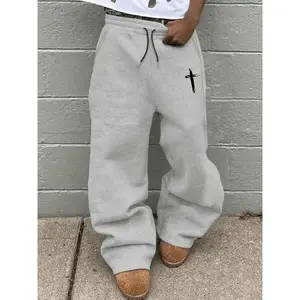 Gray Baggy Sweatpants with Cross Print- Super Comfy Casual Street Trousers for Spiritual Style Fans! Made of soft fabric, these loose - fit sweatpants have a cool black cross design. Perfect for daily wear, lounging, or adding a touch of unique spiritual