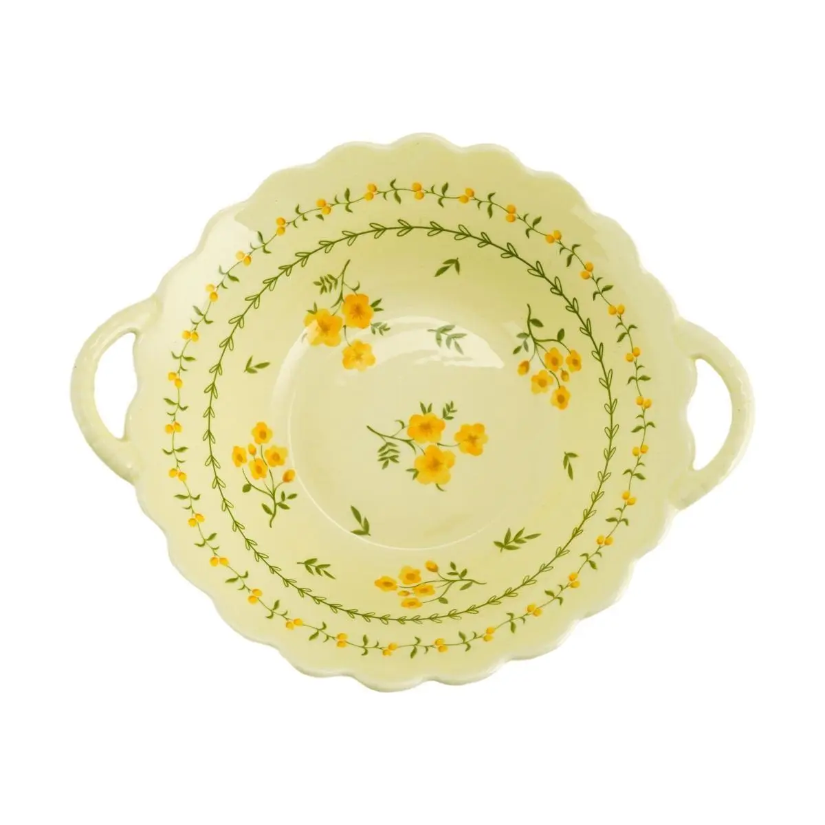 Golden Lion 19.1cm Yellow Glazed Floral Rimmed Double Ear Bowl - Japanese Pastoral Style Ceramic Serving Dish