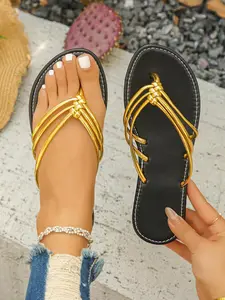 Women's Cute Trendy Metal Style Thin Strap Slides, Retro Lightweight Beach Flat Sandals, Fashionable Slippers for Indoor & Outdoor Wear, Girl