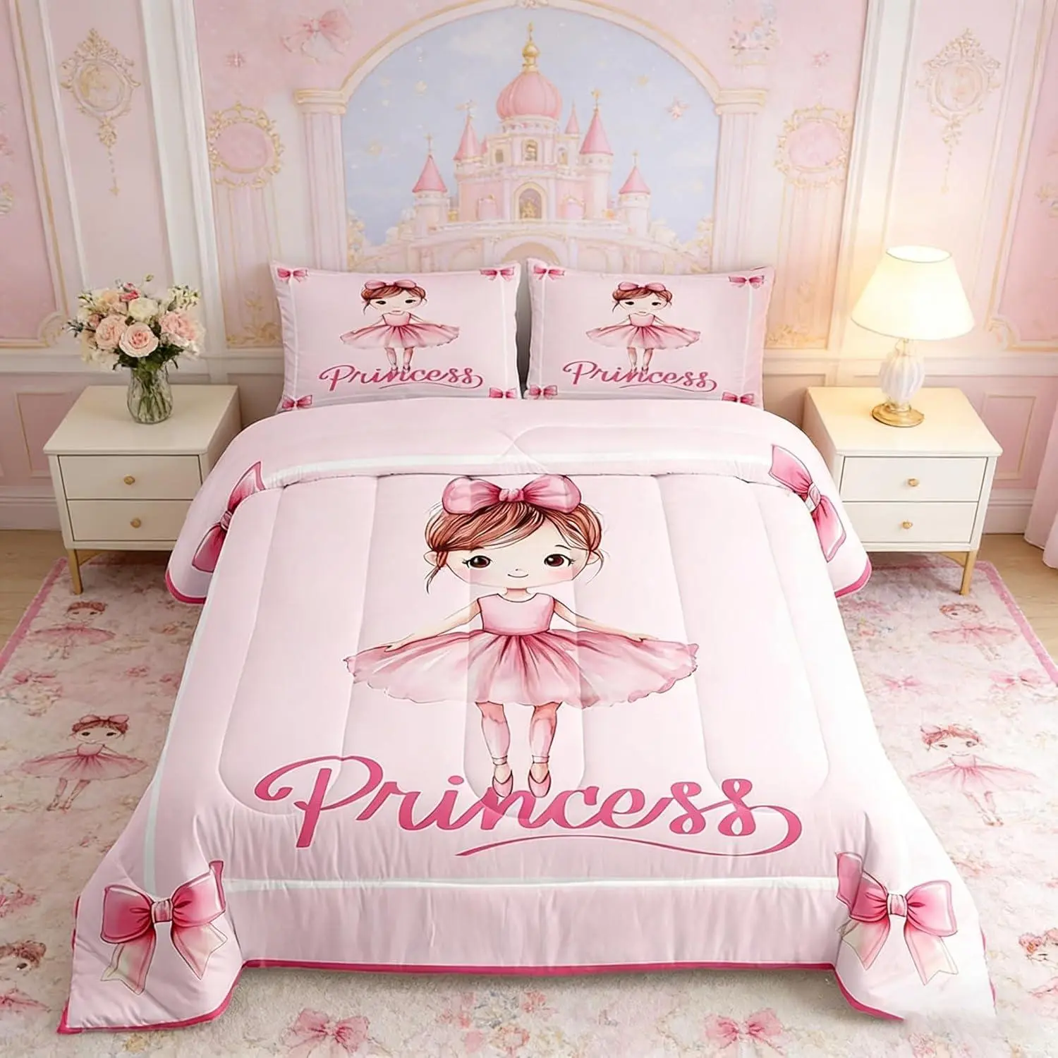 Princess Comforter Set,Cute Ballerina Girl Bedding Set for Kids Princess Room Decor,Pink Bowknot Print Down Comforter,Soft Polyester Quilt Set
