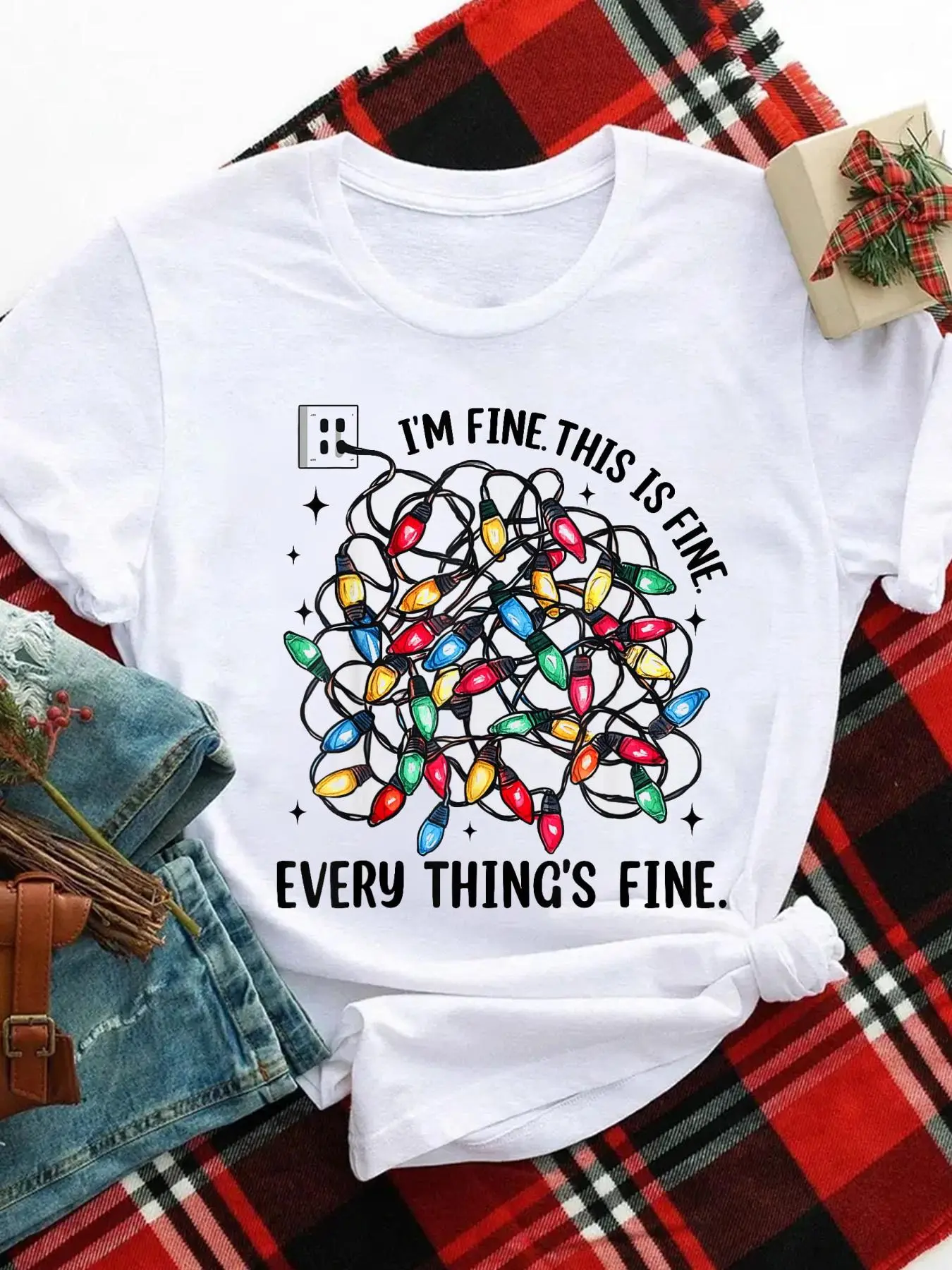 100% Cotton I’m Fine Everything is Fine Tangled Christmas Lights Women T-Shirt Graphic Tees Women Casual Print Short Sleeve Women Tee Tops Clothes