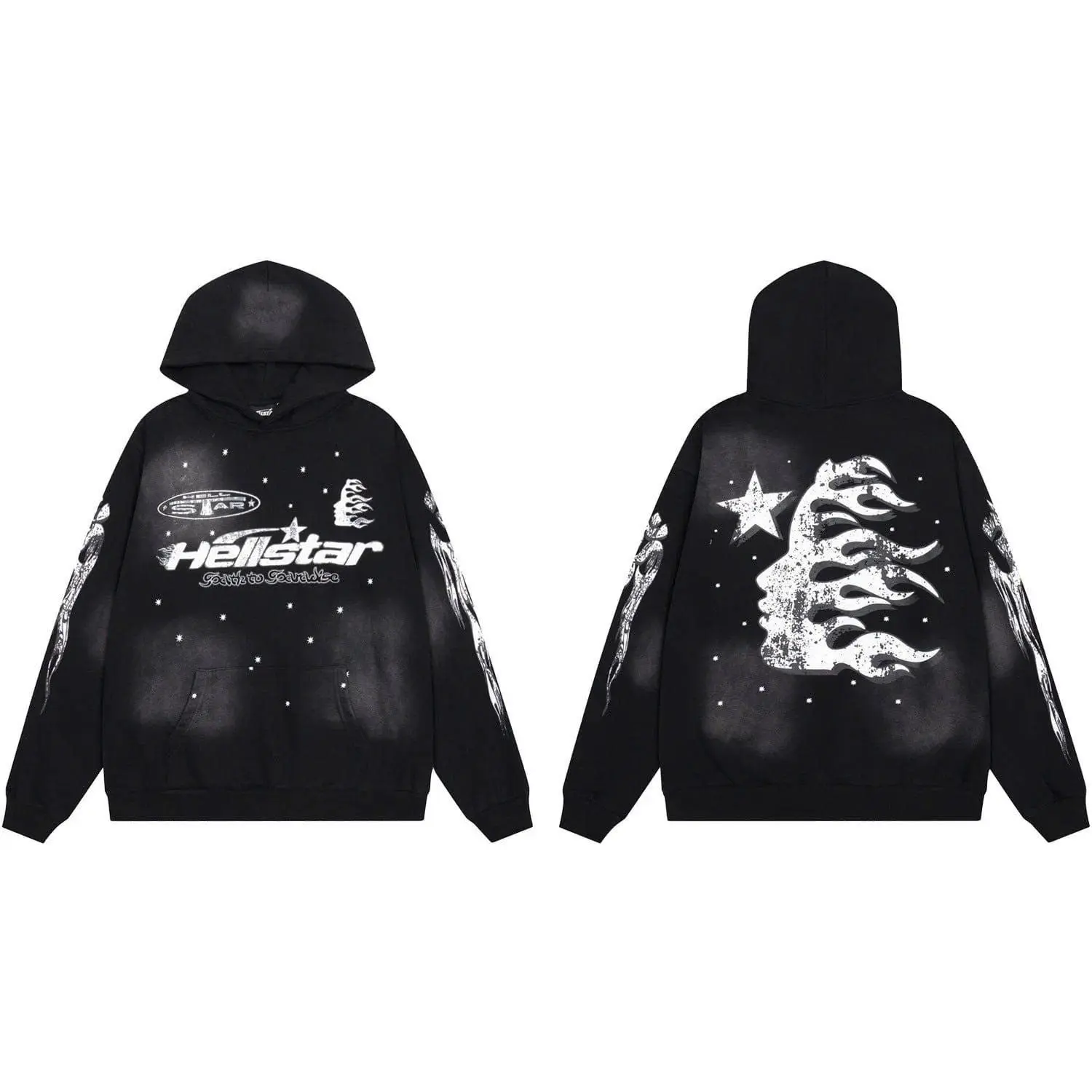 Hellstar Black Flame Star Graphic Pullover Hoodie | Oversized Y2K Cyber Gothic Sweatshirt | Unisex Streetwear
