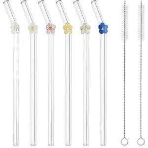 6 count  Glass Straws with 2 Cleaning Brushes, Cute Colorful Flower Glass Straw Shatter Resistant,  Straws Dishwasher Safe for Smoothies, Milkshakes, Juices, Teas