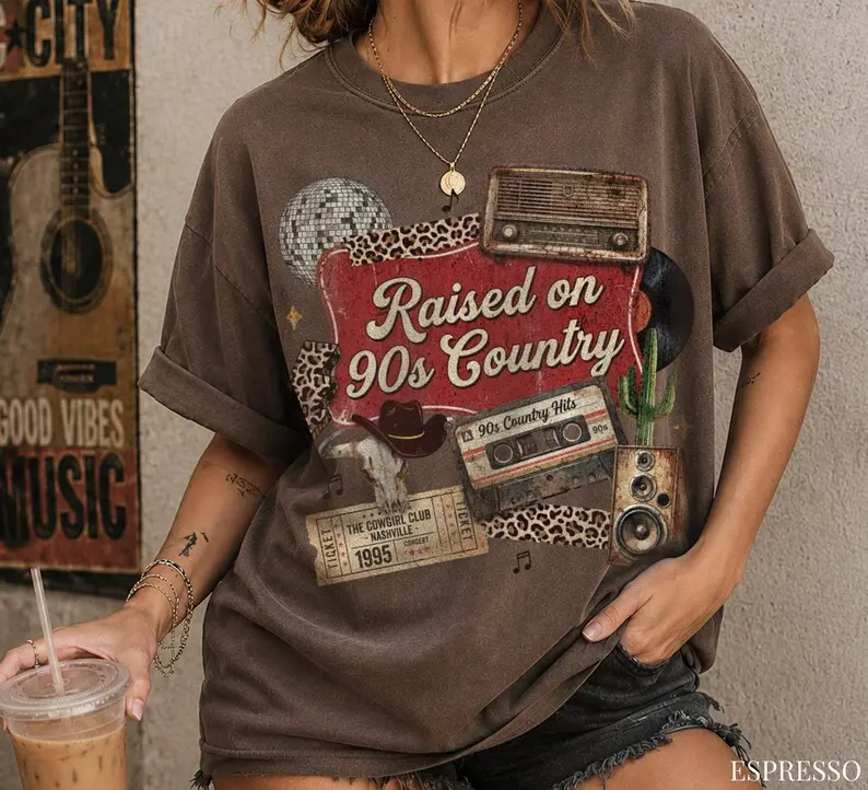 Comfort Colors Raised on 90s Country Shirt - Vintage Nashville Cowgirl Graphic Tee, Retro Country Music Concert T-Shirt, Pepper Charcoal Texas Scrapbook Gift for Her