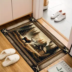 1 Piece of Reindeer and Forest Cabin Design Door Mat Printed Soft Kitchen Floor Mat Floor Mat Living Room Laundry Room Decorative Carpet Farmhouse Kitchen Rug The Best Choice
