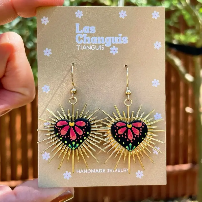 Sacred Heart Earrings – Gold Rayos & Red Flor by Las Changuis Tianguis