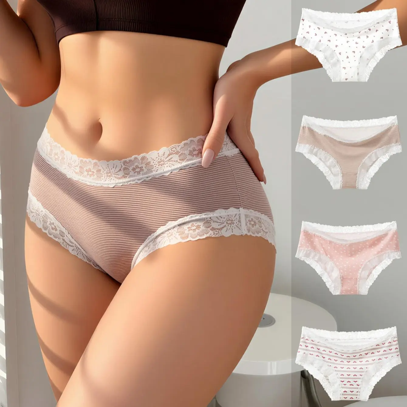 HOTCOM Women's Comfortable Soft Breathable Briefs Underwear Set, Elegant Fitted Design, Plain Pattern, All Season Wear, Pack of 4 Briefs Casual Soft Panties Sheer Lace Panty