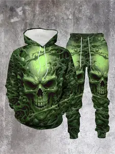 Dark fluorescent green skull boxy hoodie 2-piece set autumn and winter new outdoor street men's clothing