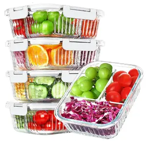 Glass Meal Prep Containers 3 Compartment with lids, 5 Pack 36 oz