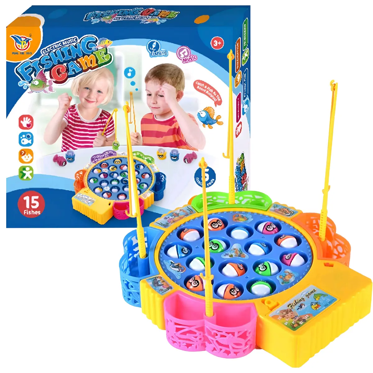 Unisex Electric Fishing Toy Kit with Rotating Wheel Design, 15 Fishes, 4 Rods, Hand-Eye Coordination Exercise Game for Ages 3+, Pool Water Toy, Age 3+