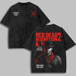 Red Dead redemption 2 Double Printed Washed 2 Sided Printing T-Shirt RPG action Video anime manga Games movie Streetwear graphic tees Casual Cotton sweater men