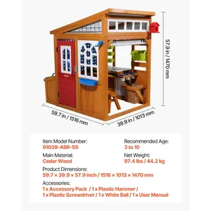 VEVOR Outdoor Playhouse, Cedar Wooden Kids Playhouse with Bird Nest, Doorbell, Trash Bin, Gravity Wall Set, Storage Pocket, Windowsill, Wooden Kids Cottage for Aged 3 to 10, Rounded CornersVEVOR Super Brand Day