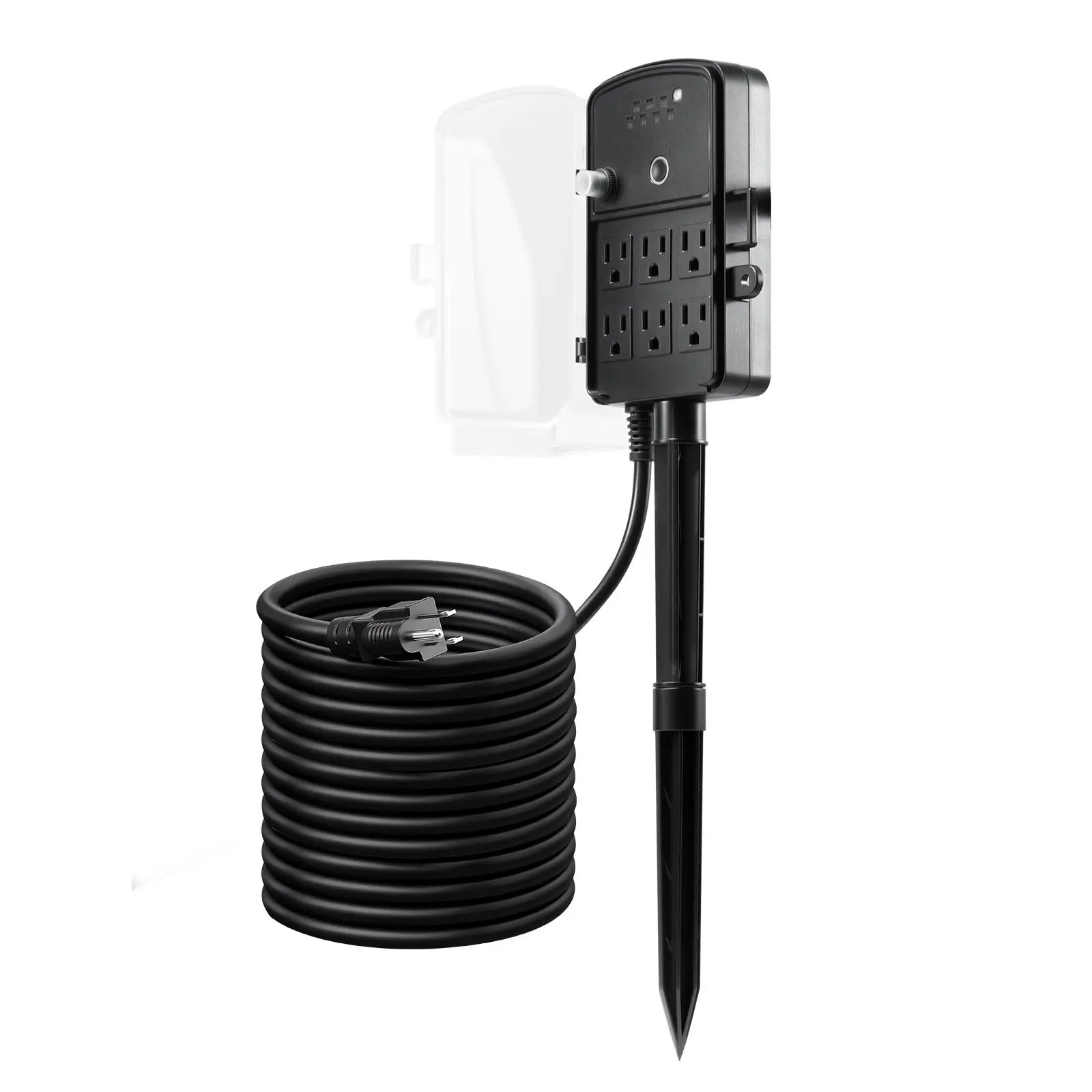【DealsForYouDays】VEVOR Outdoor Waterproof Power Stake Strip Cover - 25 ft 3-Core Grounded Extension Cord, Remote Control Dusk-to-Dawn Light Timer, 6 Outlets, 1875W/15A, Handheld Control Compatible, AC 125V 60Hz, for Christmas Lights, Garden Sprinklers, Pl