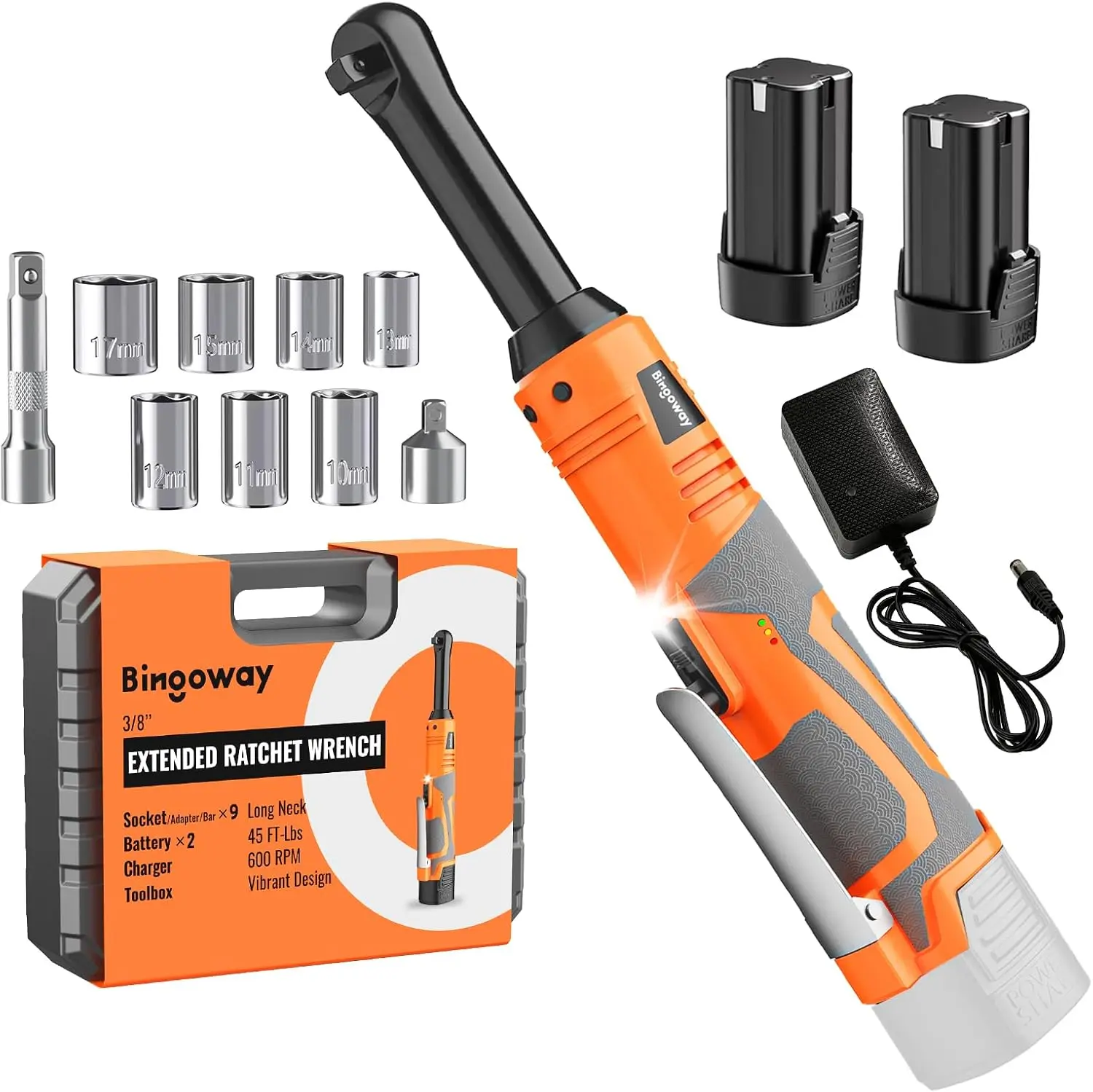 3/8" Electric Ratchet Wrench Set, Extended Long Neck Cordless Ratchet, 16V 45 ft-lbs Power Ratchet Kit, 600 RPM, 2 Batteries, LED, 9-Piece Accessory Set & Toolbox for Auto Repair