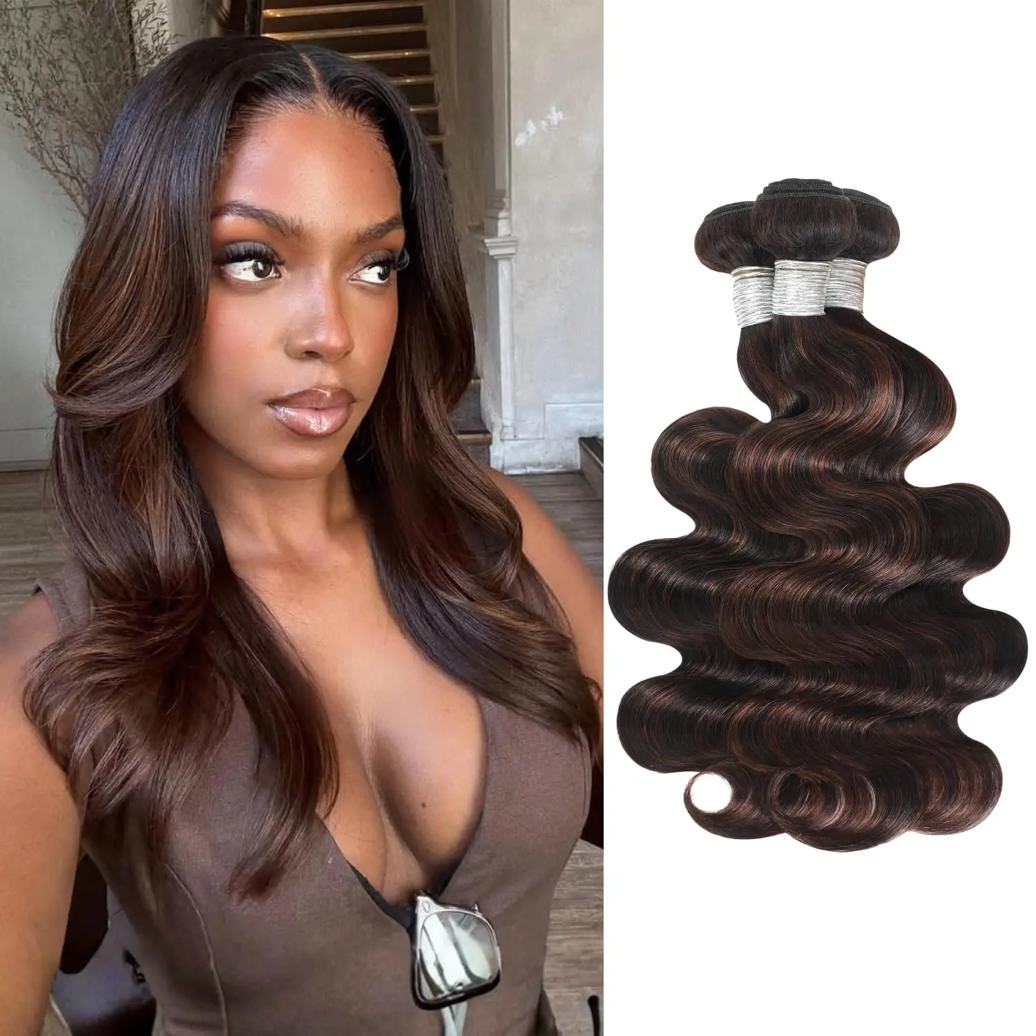 ALHER Brown Highlight Body Wave 3 Bundles Human Hair 18 20 22 Inch, 12A 2-Tone #F2/4 Dark Brown with Chestnut Streaks Ombre Human Hair Bundles 100% Virgin Real Hair Wavy Weave Thick Track Sew in Remy