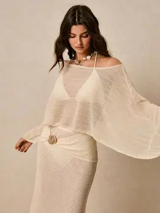 Sable x Poéselle Women's Lightweight Sheer Knit Off-Shoulder Poncho Top – Airy Blue Beach Cover-Up For Summer, Boho Coastal Chic Style Beach Cover Up Top