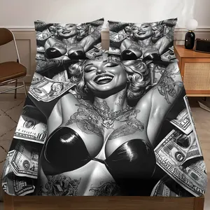 3pcs Marilyn Print Fitted Sheet Set, Decorative Bedsheet Sets, Black and White Design, Breathable Polyester, Machine Washable for All Seasons, Ideal for Bedroom, Guest Room and More, No Mattress Core