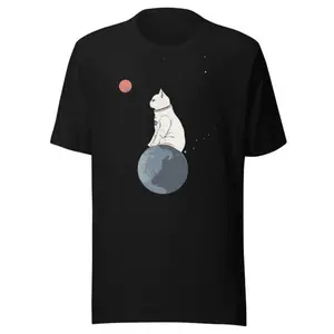 Men's space exploration with a playful twist featuring a cat as an astronaut Graphic T-Shirt - Short Sleeve Crew Neck Regular Fit Casual Wear | Soft & Breathable Fabric, Durable Print, Everyday Comfort, Machine Washable, minimalist space illustration with