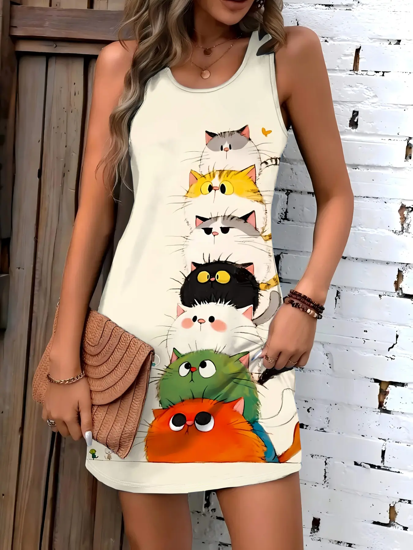 Cute Cat Print Sleeveless Dress for Women, Casual Classy Elegant Spring/Summer Vacation Style, Lightweight and Comfortable, Machine Washable, Casual Fashionable Dress