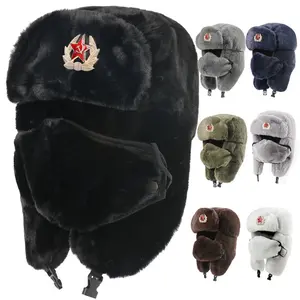 1 Soviet Coat of Arms Lei Feng Hat |   Men'S and Women'S Imitation Rabbit Outdoor Hat with Ear Protector, Russian Full Hair Thermal, Cold-Proof, Northeast Style, Knit Fabric, Hand Wash