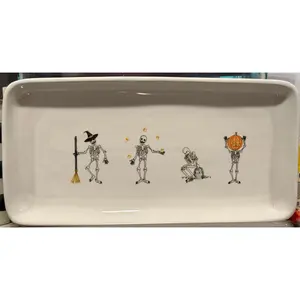 Rae Dunn white ceramic 14x6.5 dancing skeletons Halloween platter serving tray