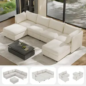 U-Shaped Modern Modular Sectional Sofa, 4-8 Seat Convertible Couches for Living Room with Chaise & Storage, Indoor Furniture Set Including Ottoman, Beige