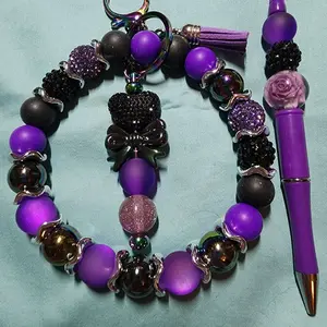 Keychain with Purple and Black Beads Durable Lock Wire Design Includes Matching Beaded Pen Perfect for Accessories