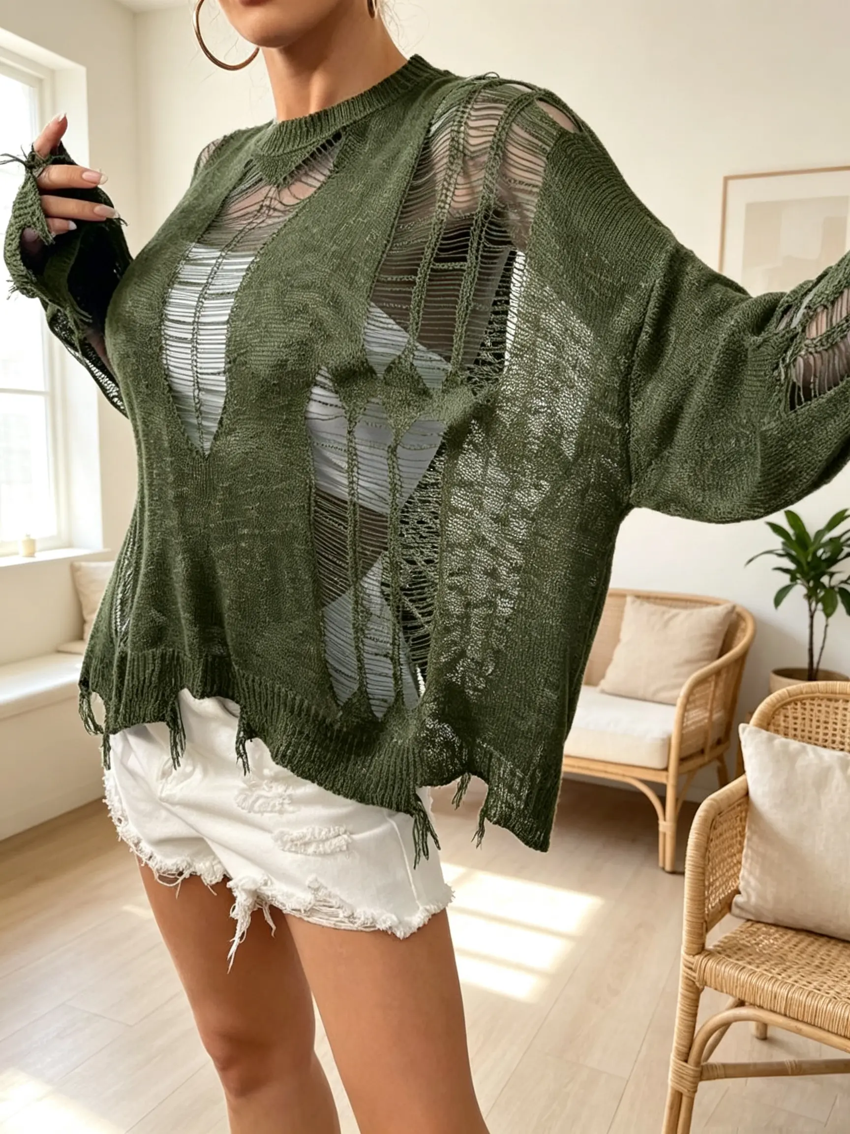 Loose-fitting, crocheted, distressed design, casual long-sleeved knit top, plus size, solid color, round neck pullover sweater for women.