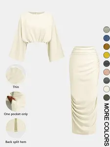 Effortless Casual Two-Piece Set | Loose Batwing Sleeve Top & Mid-Rise Draped Maxi Skirt for Women, Non-Linen Non-Stretch Fabric with Single Pocket, Summer Vacation Boho Outfit & Everyday Wear