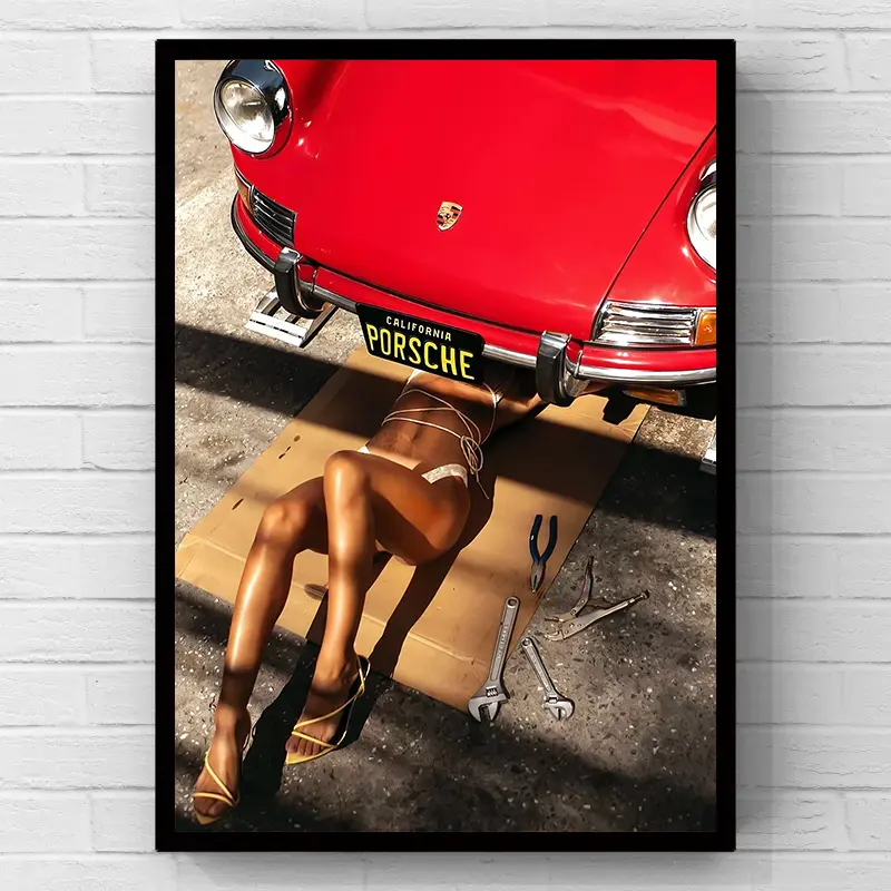 2D flat print canvas wall art gift; retro red classic sports car “bikini repair lady” tools poster wall decoration ornament; vintage auto wall art decor for garage, man cave, bar car guy home wall decor
