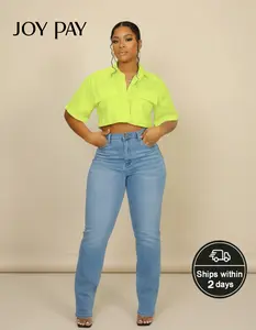 JOY PAY Neon Green Cropped Button-Up Shirt with Front Pockets Casual Denim for Summer Outfits  HN319