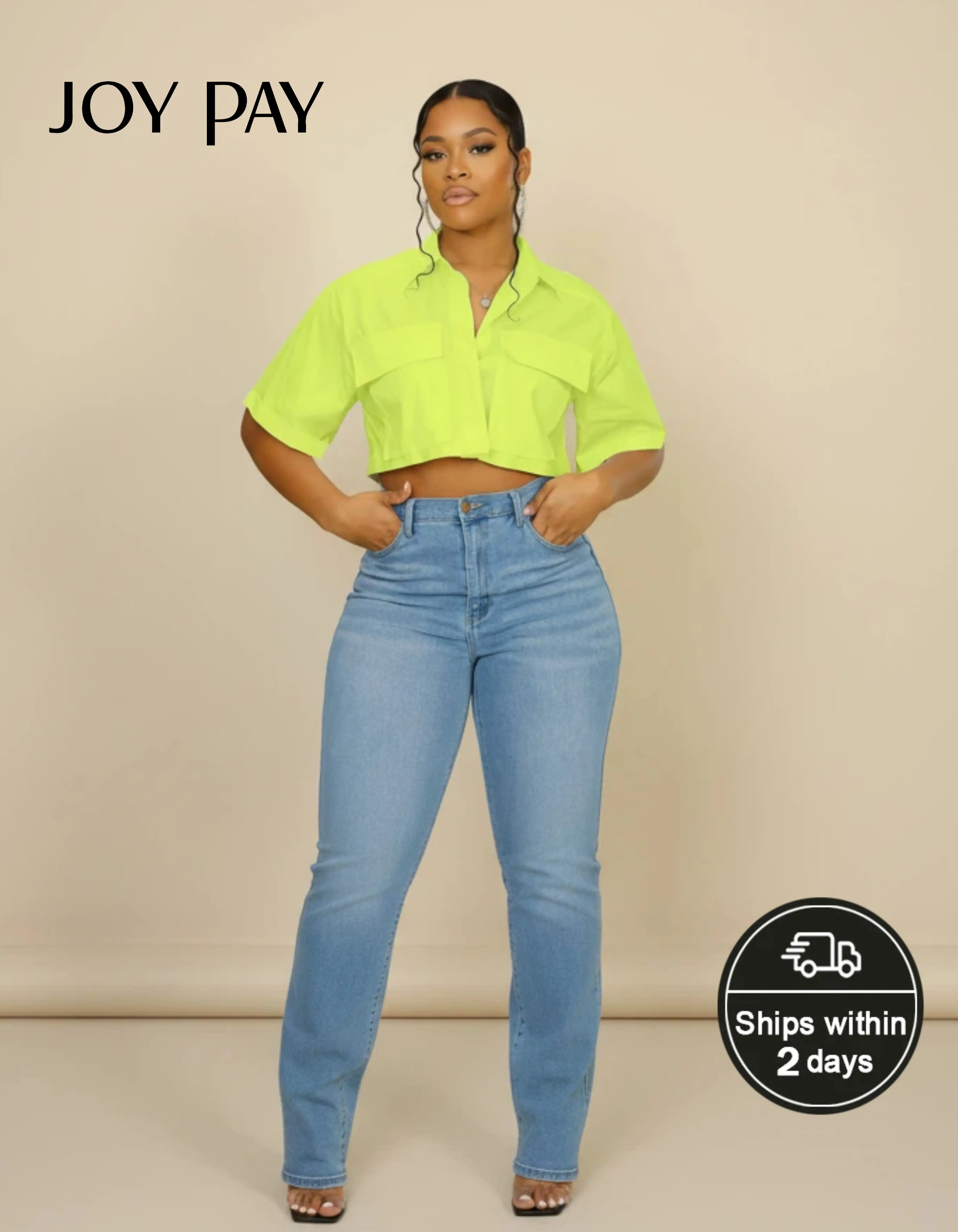 JOY PAY Neon Green Cropped Button-Up Shirt with Front Pockets Casual Denim  for Summer Outfits HN319 - TikTok Shop