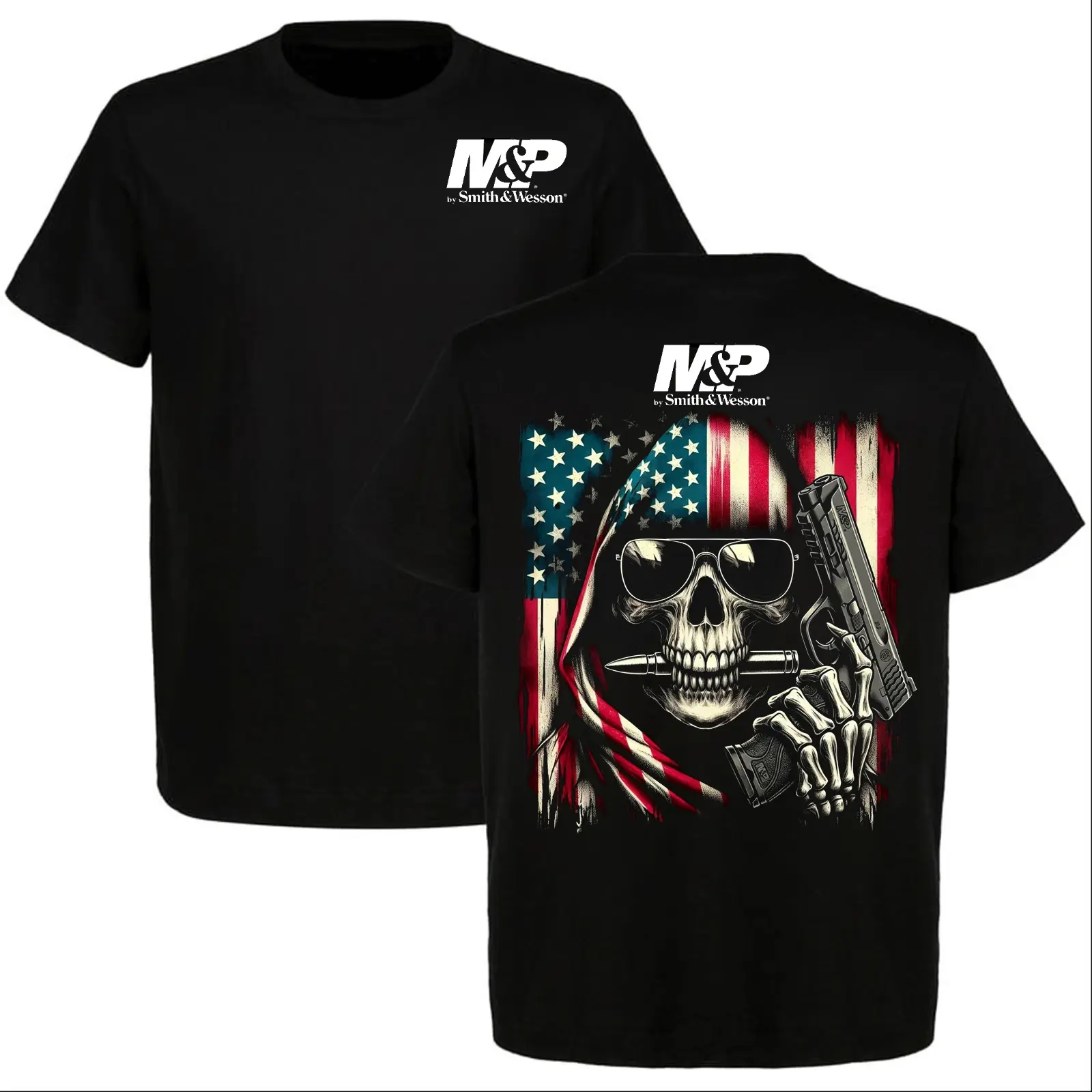 M&P by Smith & Wesson Men's Short-Sleeve Round Neck Tshirt - Skull American Flag Graphic, 2A Patriotic Tactical Casual Top, Gift for Gun Enthusiasts, Menswear, Shortsleeve, Clothes, T-Shirt, Cotton, Skull Flag Print, Cold Wash, Do Not Dry Clean