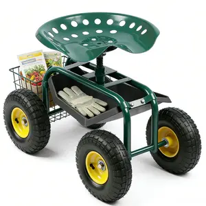 Garden Cart with Seat, Heavy Duty Gardening Work Stools w/Height Adjustable Seat & Large Wheels, Rolling Garden Scooter for Outdoor Lawn Yard Planting