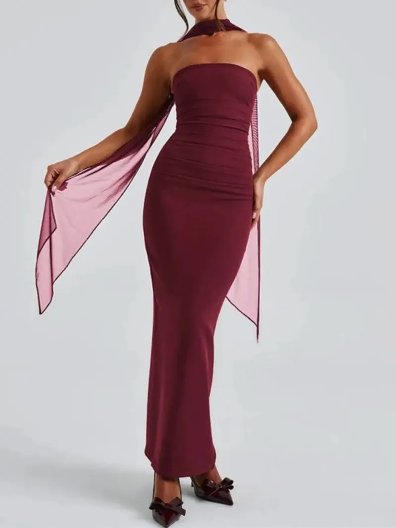 Burgundy long dress drapped neck