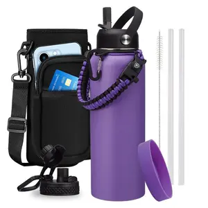 Large Insulated Water Bottles with Straw & Flip Auto Lid, 32 40/64/128 oz Stainless Steel Water Jug Shoulder Carrier Bag, Silicone Boot, BPA-Free Metal Water Bottle with Handle Paracord