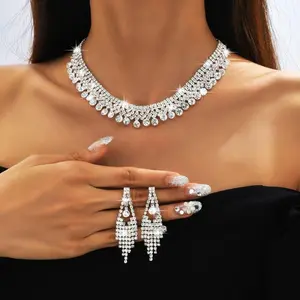 Silver Rhinestone Tassel Jewelry Set Wedding Sparkly Necklace Earrings Set for Women