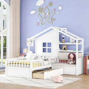 Twin Size Pinewood Roofed Play House Toddler Bed - Kids Furniture Bedroom, Platform Design, 2 Drawers, Storage Shelf, Sofa Function