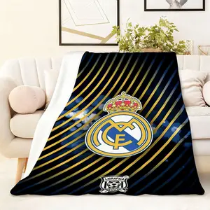 1PC Real Madrid Official Licensed Blanket Soft Flannel Material Club Logo Printed Universal for Living Room Bedroom Sofa Fan Souvenir Gift Thick Warm Multifunctional Throw Blanket Striped Flannel Blanket