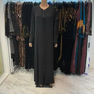 Black on Black Rhinestoned Zippered Abaya with Elegant Design and Zipper Feature