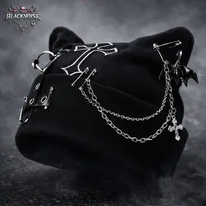 Cat Ear Beanie Hat with Chain Details, Black Knit Statement Hat for Streetwear Looks, Unisex Gift